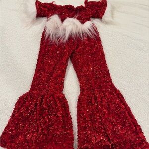 Red Sequin Jumpsuit with Feather Trim